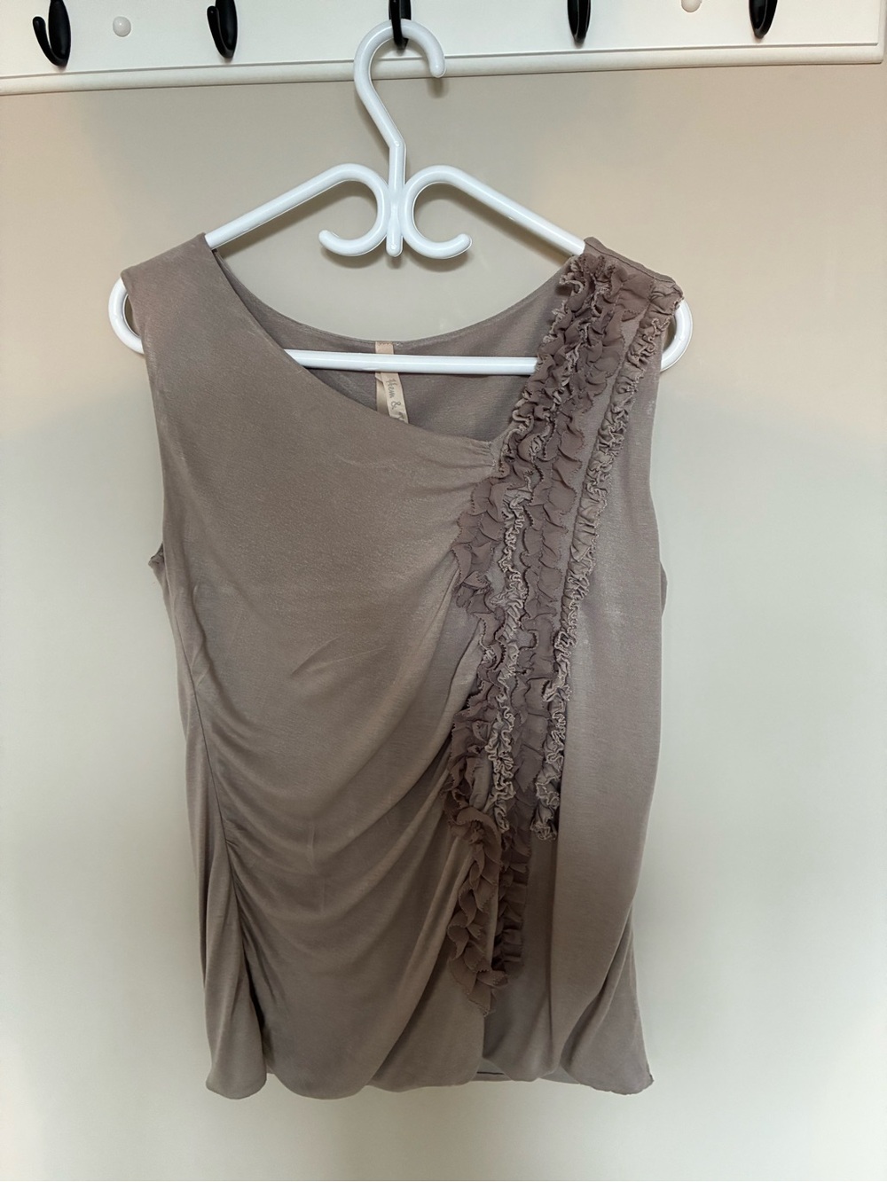 Sleeveless Ruffle-Trim Taupe Draped Women's  Top - Size Large